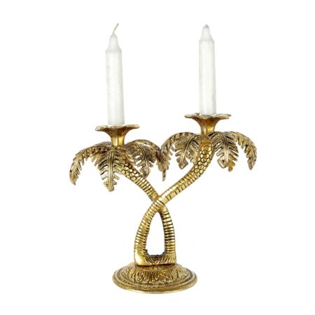 Golden Double Palm Tree Aluminium Candle Stand